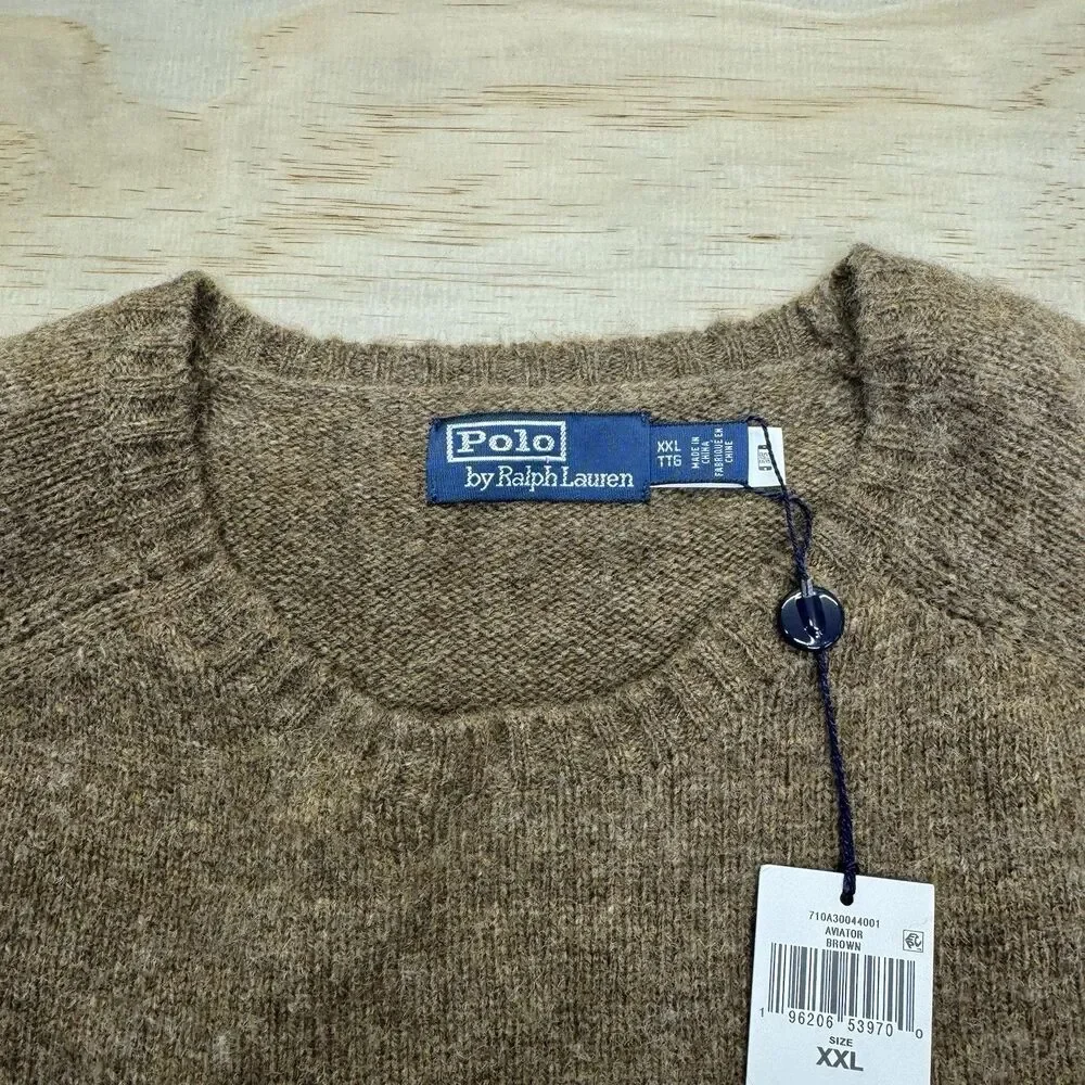 NEW Polo Ralph Lauren Aviator Wool Sweater Mens Crewneck Pullover 2XL Brown